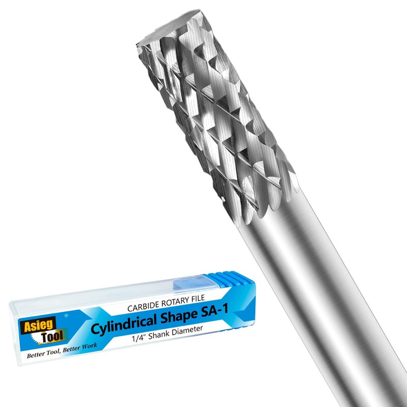 Asieg Tool SA-1 Solid Tungsten Carbide Burr Rotary File Cylindrical Shape Double Cut for Die Grinder Drill Bits 1/4'' Inch Diameter of Shank and Cutter 5/8'' Inch Cutter Length - Image 1